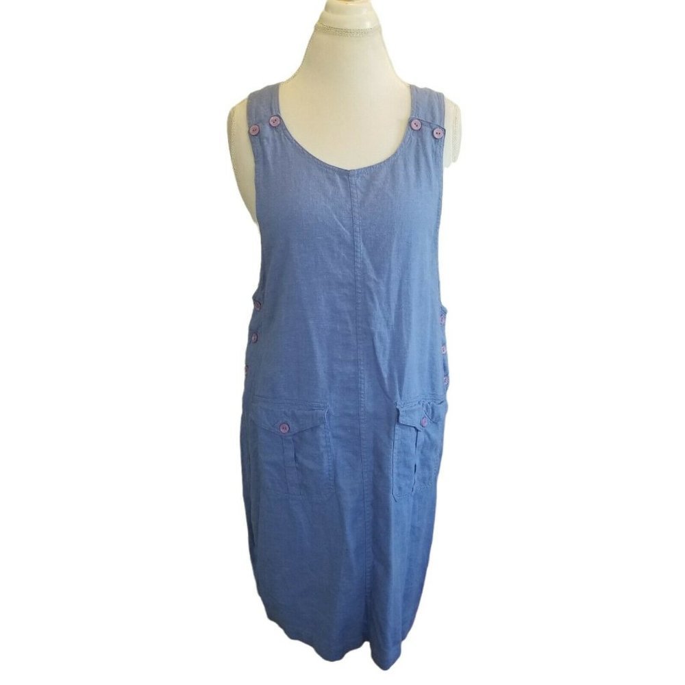 Vintage 90s Blue Linen Pinafore Dress Periwinkle Patch Pockets Knee Length M/L